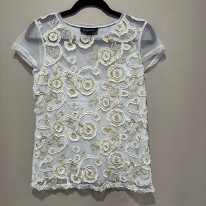INC International Concepts White Sheer Top with Cream Floral Embroidery